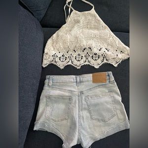 Size 4 H&M high waist jean shorts and express halter crochet top XS